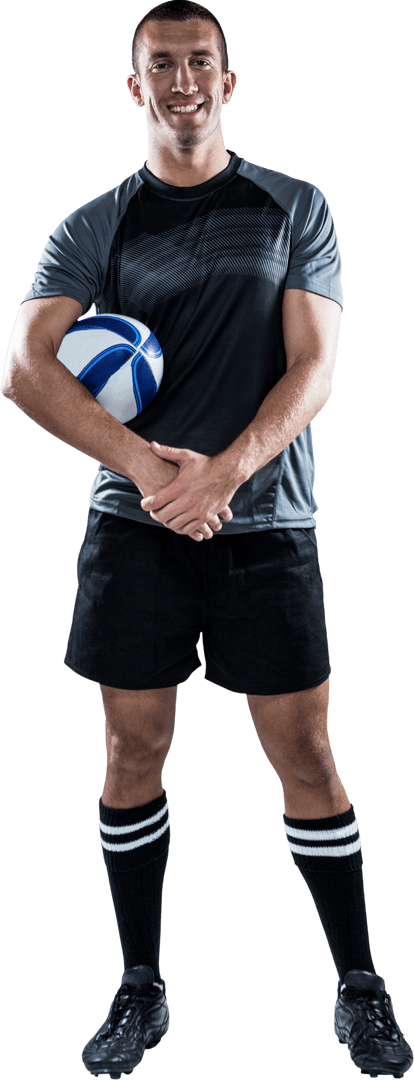 Smiling Rugby Player Holding Ball in Transparent Background
