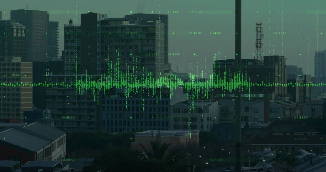 Urban Skyline with Digital Data Overlayed at Dusk