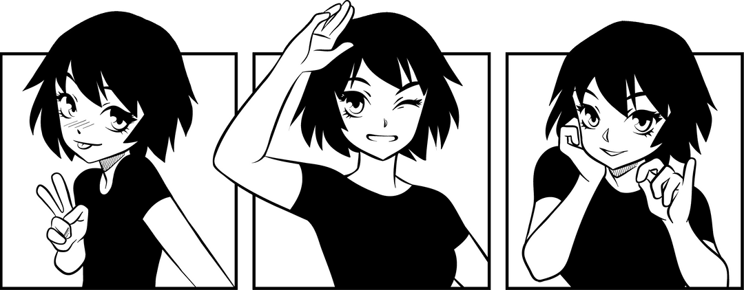 Black and White Anime Girl Expressive Gestures Transparent Background