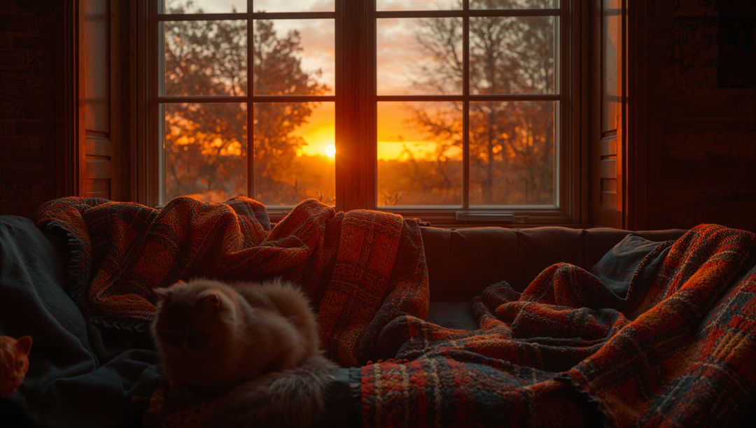 Cozy Rustic Setting with Cat in Longing Gaze at Sunset