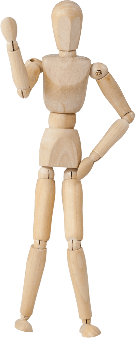 Transparent Wooden Figure Posing with Raised Fist Gesture
