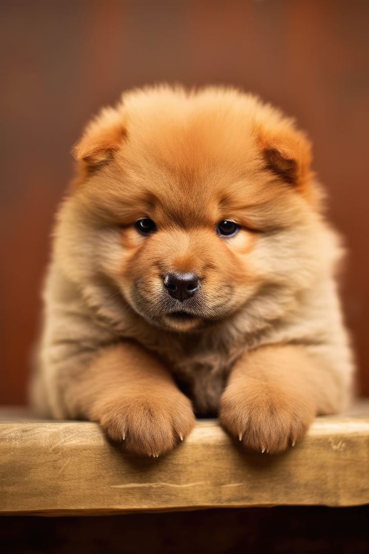 Adorable Fluffy Chow Chow Puppy Laying on Wooden Surface - Free Images, Stock Photos and Pictures on Pikwizard.com
