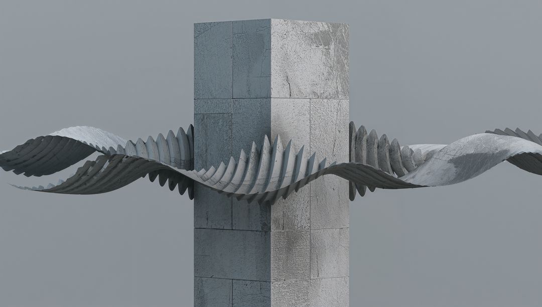 Concrete Monolith Embracing Twisting Corrugated Ribbons, Minimal Architectural Sculpture