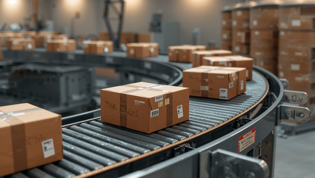 Curved Conveyor Carrying Cardboard Parcels Through Automated Warehouse Sorting Line
