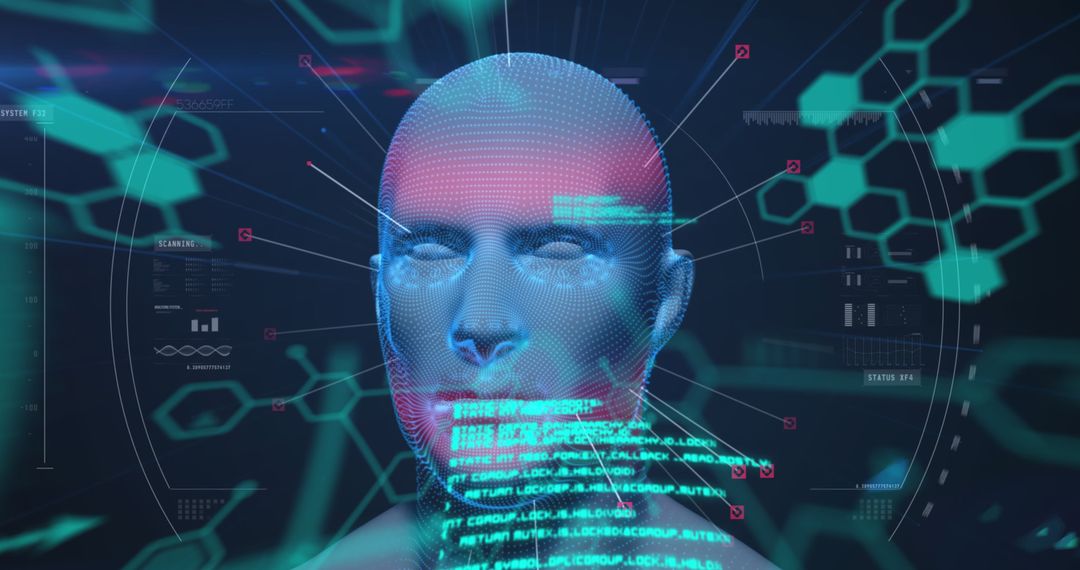 Futuristic Digital Head with Holographic Data Interface