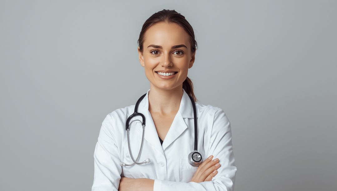 Confident Female Doctor with Stethoscope Smiling in Studio