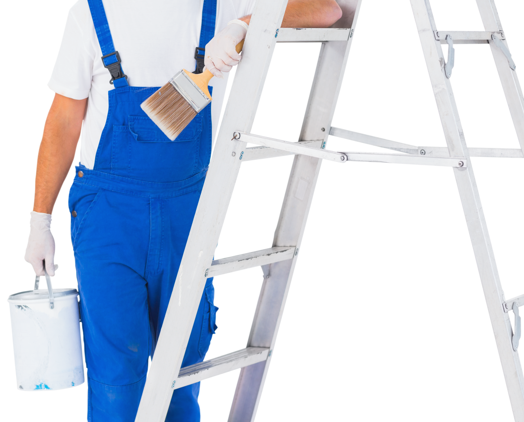 Handyman in Blue Overalls Holding Paint and Brush on Transparent Background - Download Free Stock Images Pikwizard.com