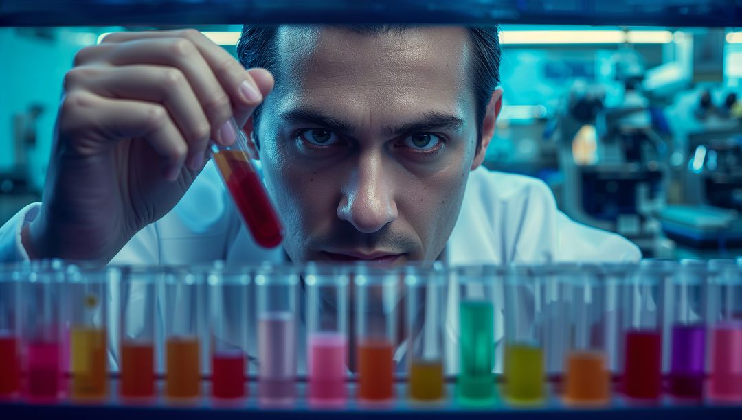 Scientist Analyzing Colorful Solutions in Advanced Laboratory