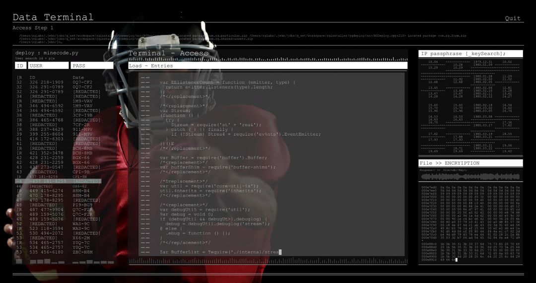 Football player holding ball in white helmet red jersey with cyber code terminal overlay copy space