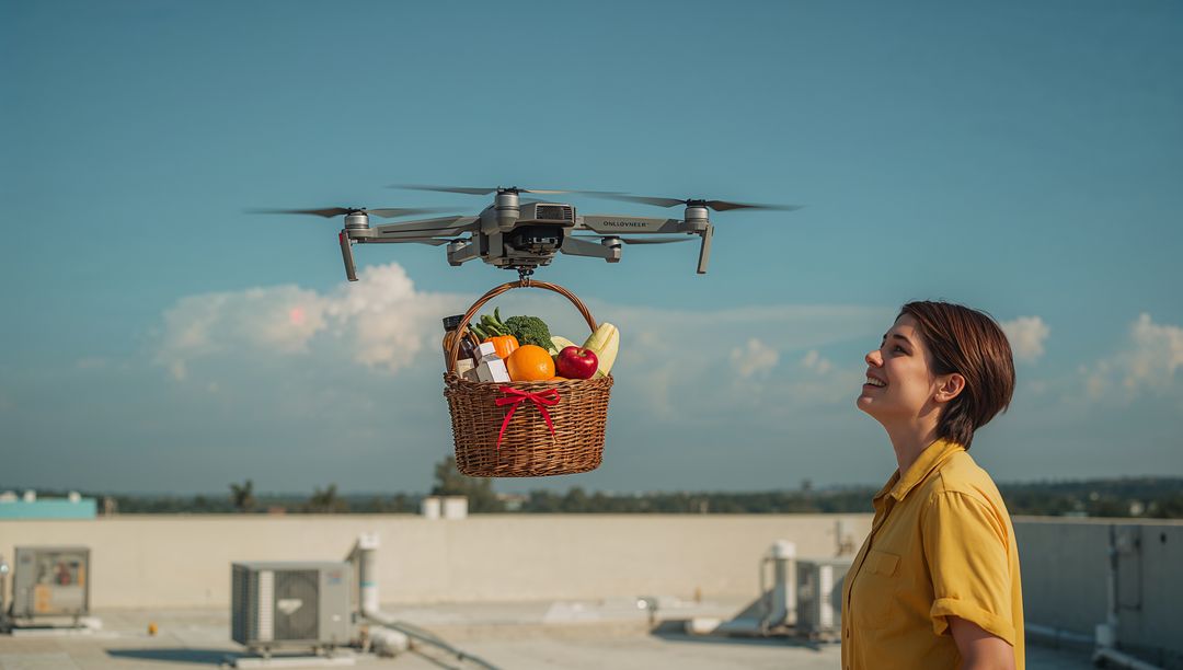 Autonomous drone delivering wicker grocery basket to smiling woman on urban rooftop terrace