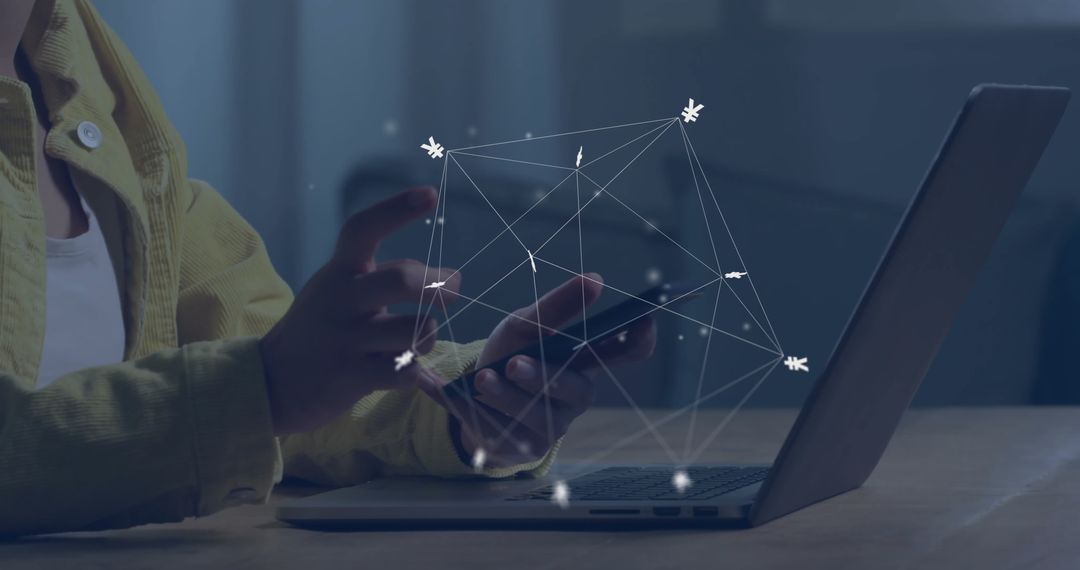 Woman Interacting with Digital Network Interface and Currency Symbols