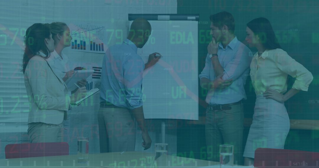 Diverse Business Team Analyzing Financial Data Overlay in Modern Office