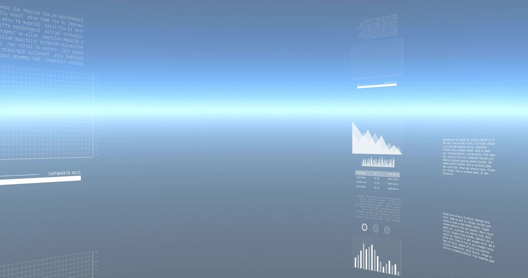 Holographic Data Dashboards Floating over Futuristic Horizon Virtual UI Visualization