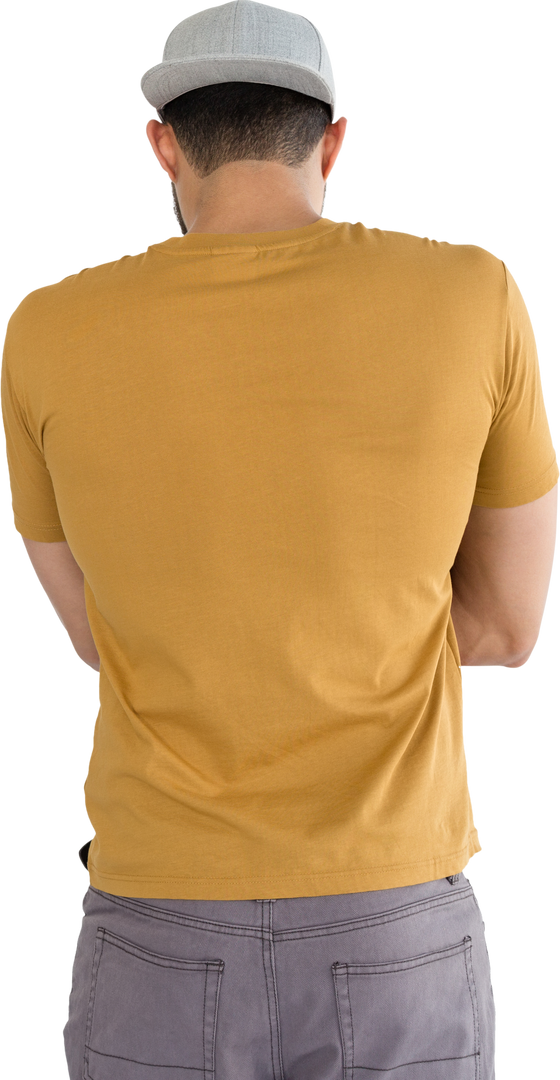 Rear View of Man with Gray Cap in Mustard Shirt on Transparent Background - Download Free Stock Images Pikwizard.com