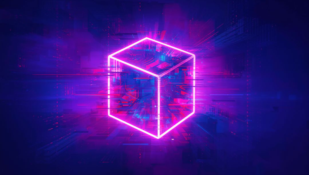 Neon Cube in Digital Space with Glitch Effects and Light Trails