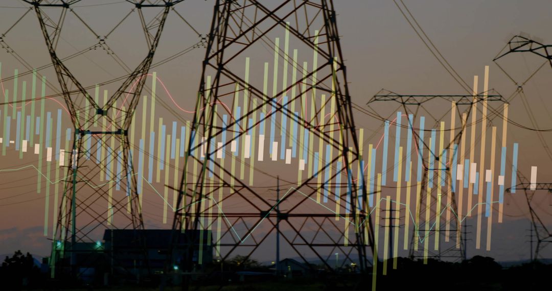 Industrial Power Lines with Energy Data Overlay at Dusk