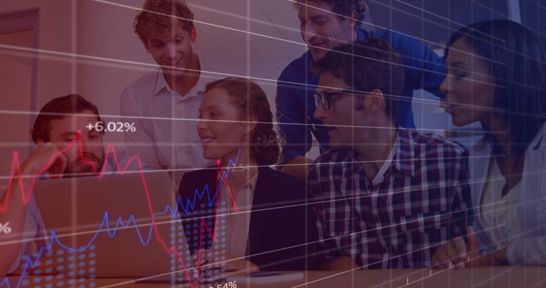 Diverse Team Analyzing Business Data on Laptop with Graph Overlay