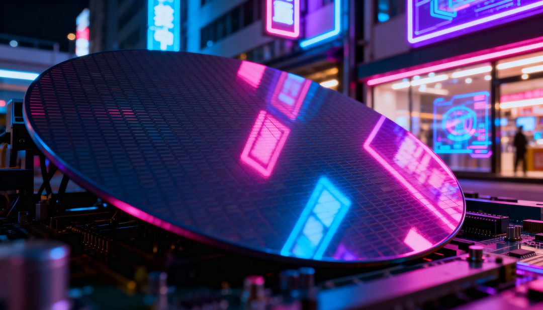 Glinting silicon wafer resting on circuit board reflecting neon city lights and microchips