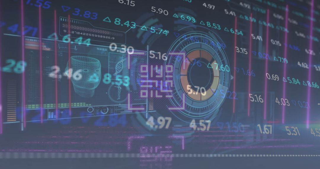 Futuristic Digital Interface with Data and QR Code Overlay