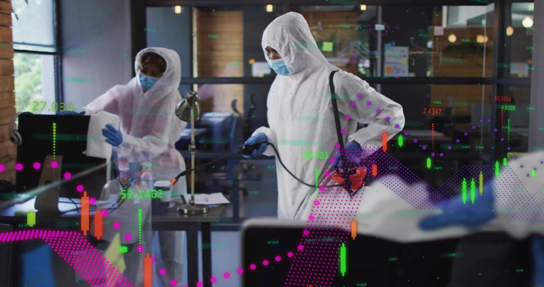 Disinfecting team spraying modern office in protective suits with stock market data overlay
