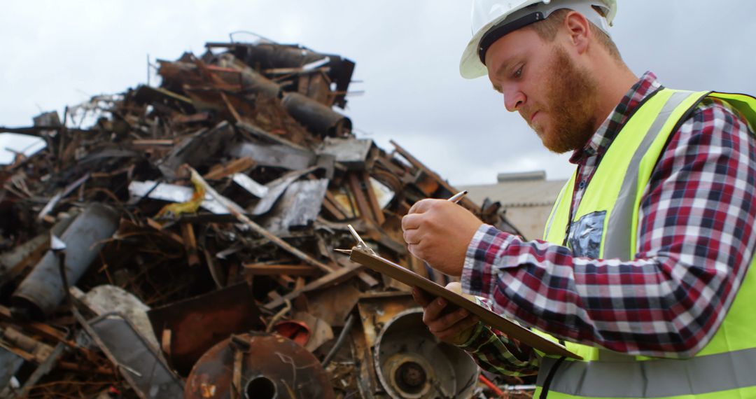 Construction Worker Inspecting Pile of Scrap Metal with Clipboard - Free Images, Stock Photos and Pictures on Pikwizard.com