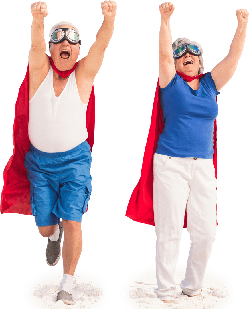 Senior Couple Dressed as Superheroes Standing with Arms Raised on Transparent Background