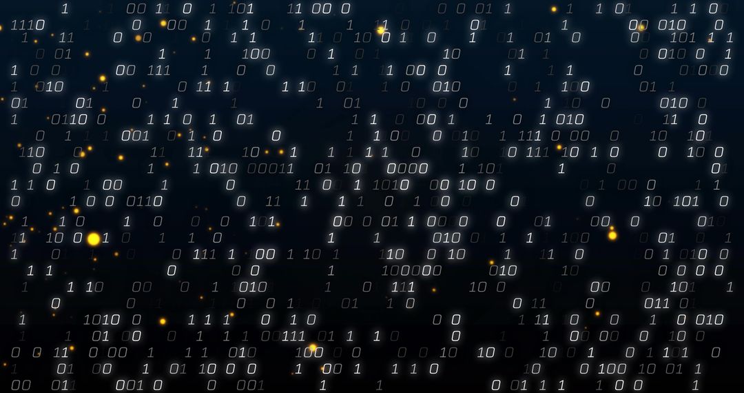 Streaming binary code cascading over dark gradient background with glowing neon particles