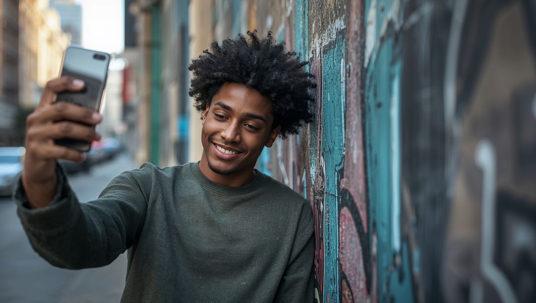 Smiling Black man taking selfie while leaning against graffiti wall on urban sidewalk