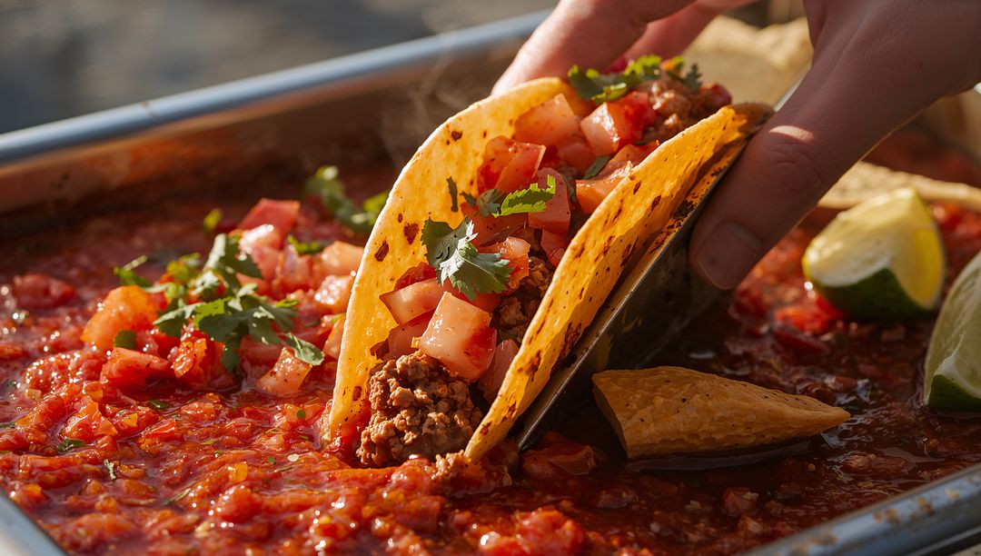 Hand Holding Beef Taco Overtray Filled with Vibrant Salsa and Fresh Toppings