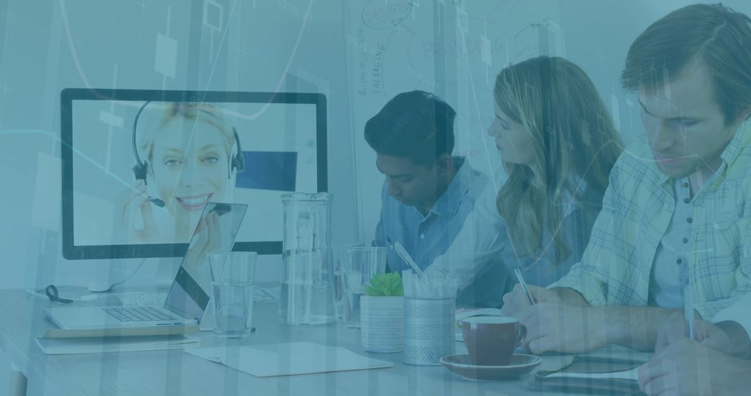 Team Collaborating via Video Conference in High-Tech Office