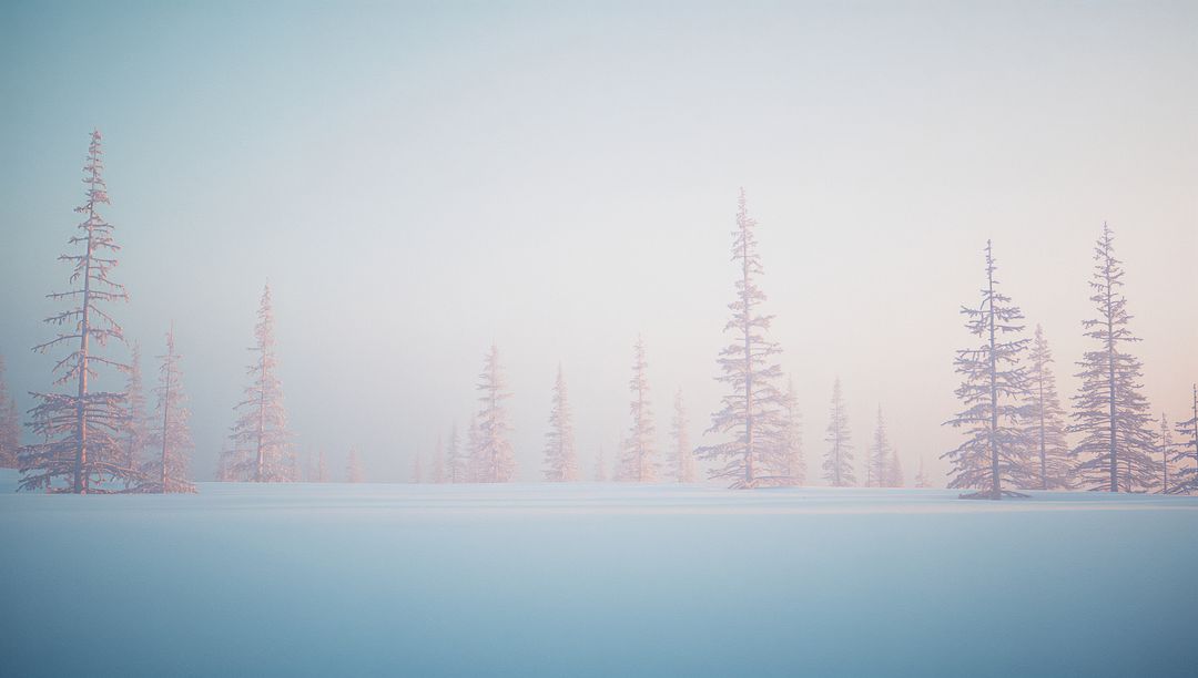 Tranquil Winter Forest in Soft Mist Enveloping Snowy Pines