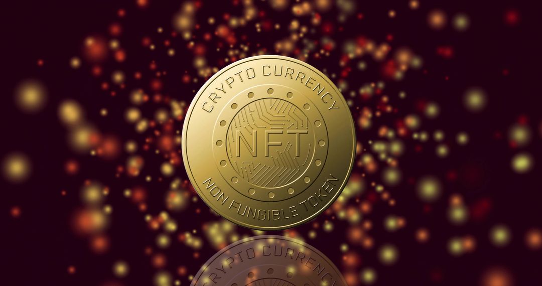 Glinting Gold NFT Coin Reflecting on Glossy Surface with Bokeh Lights