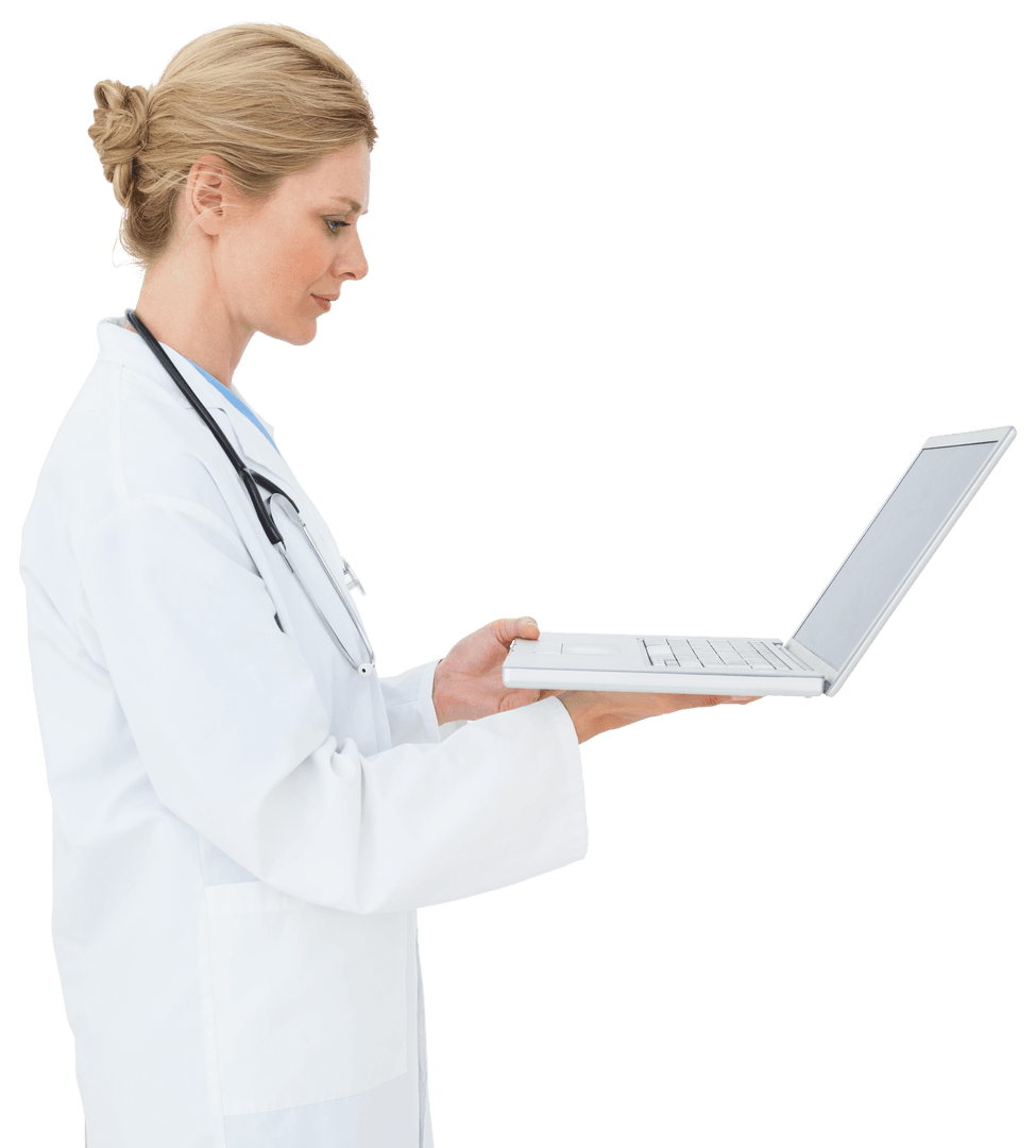 Transparent Background Blonde Doctor Analyzing Laptop Medical Technology