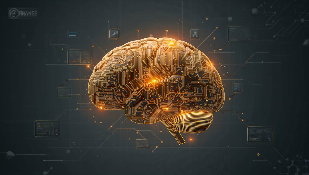 Glowing Golden Neural Circuit Brain Connecting to Futuristic Data HUD