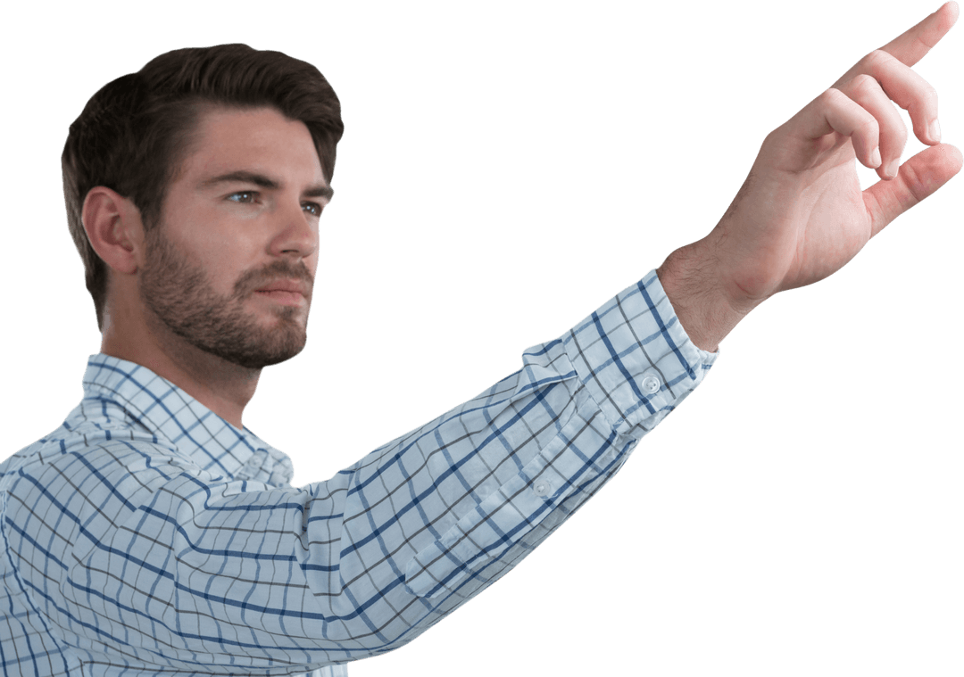 Transparent man touching invisible interface with focus