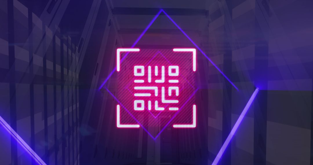 Neon QR Code with Digital Data Processing Background