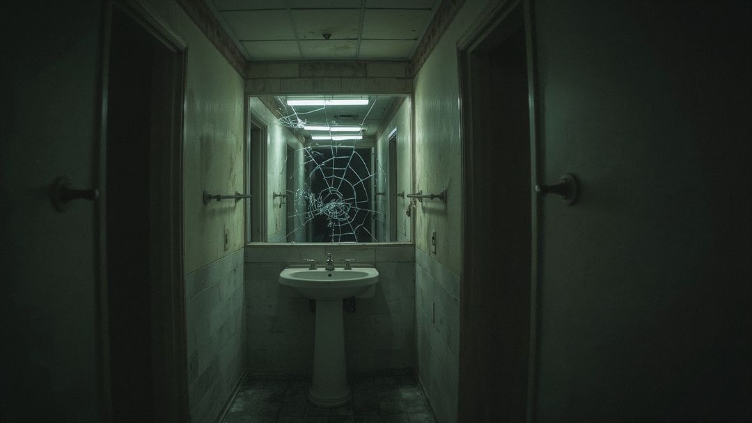 Creepy Bathroom with Spiderweb Crack in Mirror Lighting Eerie Atmosphere