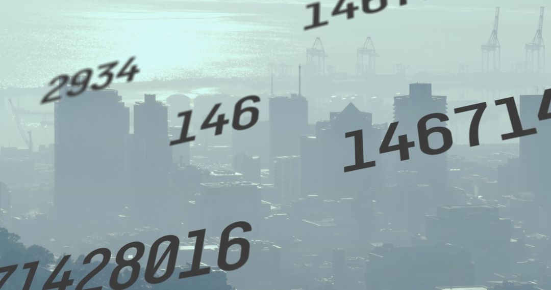 Surveillance Concept with Suspended Numbers Over Industrial Cityscape