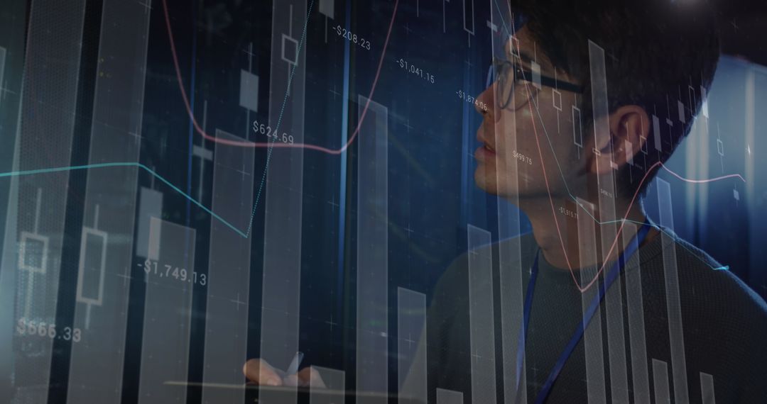 IT Engineer Analyzing Data with Bar Graph Overlay