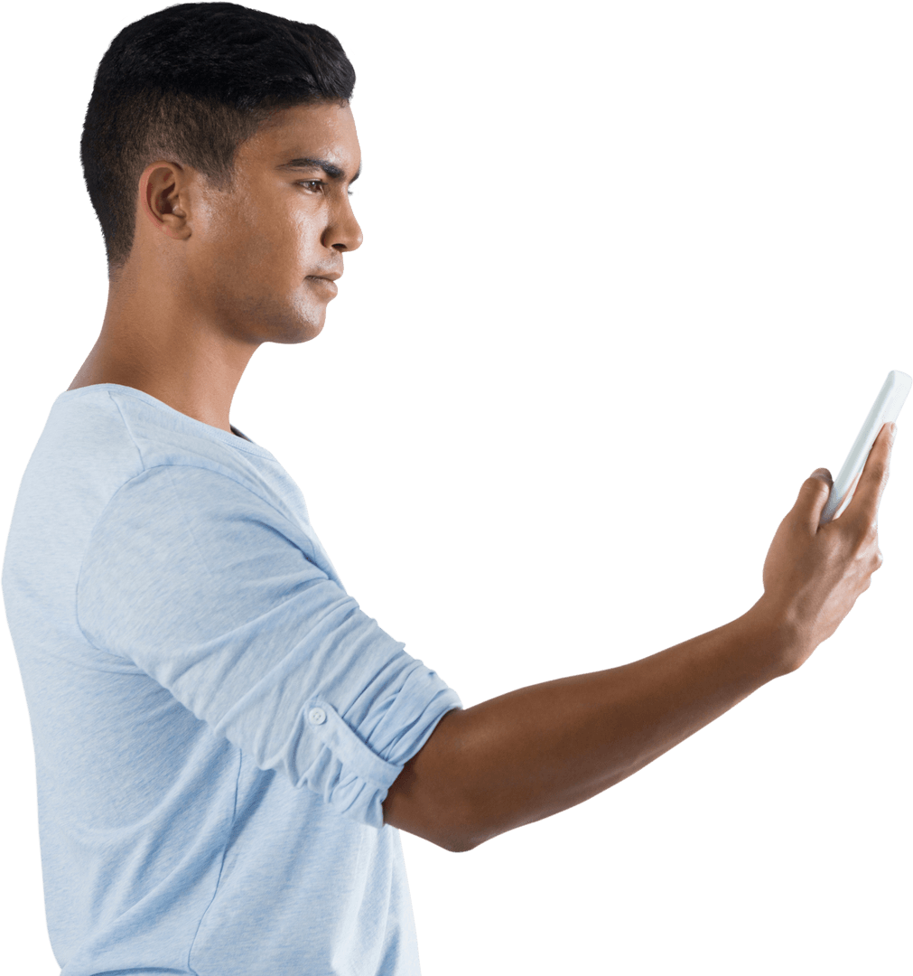 Young Man with Transparent Digital Tablet in Hand
