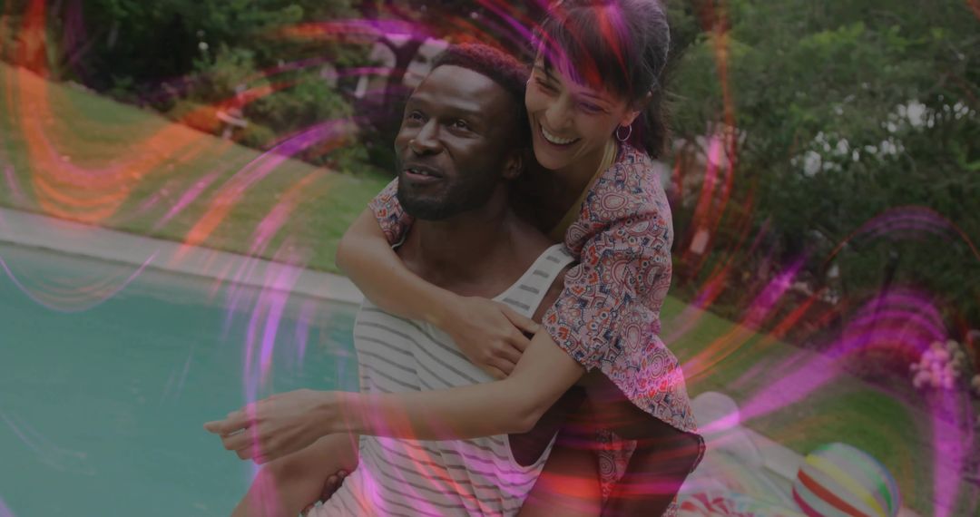 Joyful Couple Enjoying Piggyback Ride by Pool in Summertime