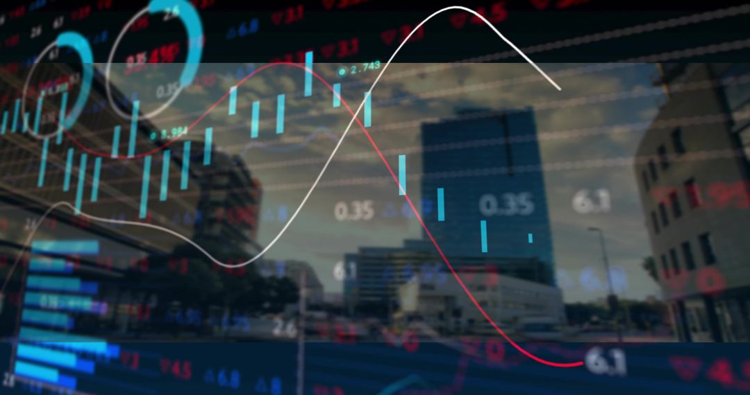 City Fintech Overlay Showing Candlestick Charts, Trend Lines and Market Data Visuals