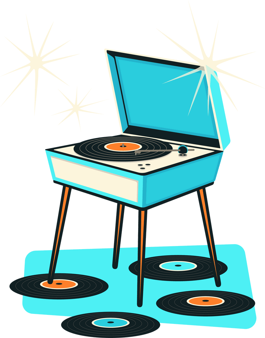 Retro Turntable Spinning Records on Transparent Background