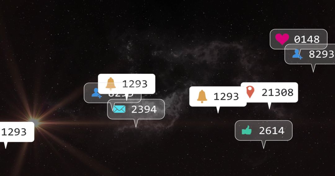 Social notification bubbles drifting across starfield with holographic counters nebula backdrop