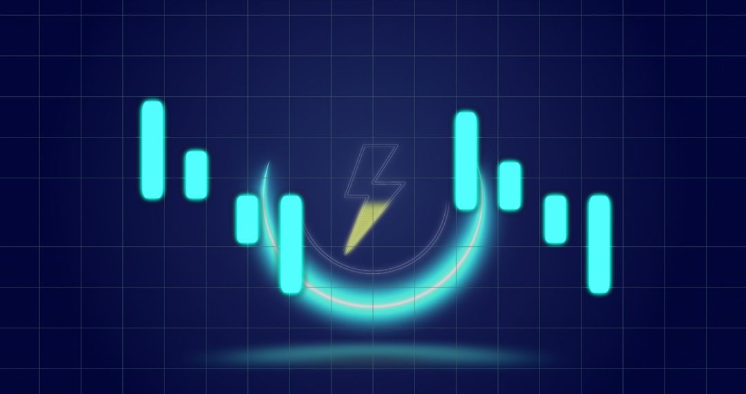 Futuristic Financial Screen Displaying Bar Graphs and Lightning Bolt Symbol