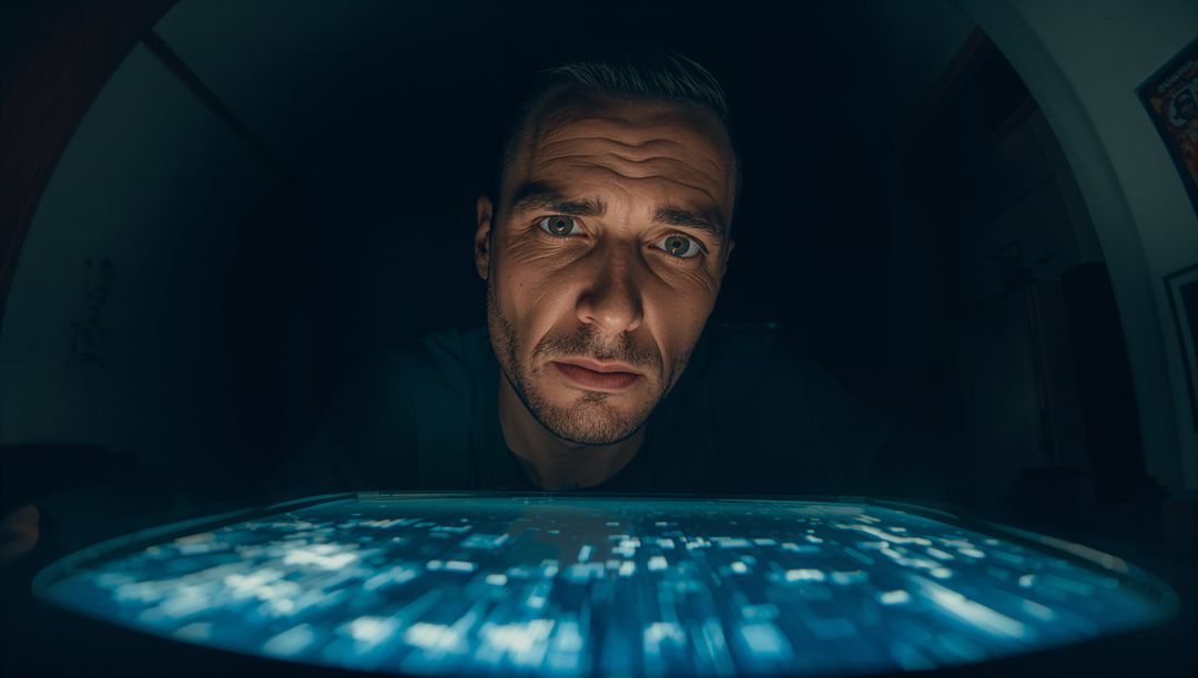 Man studying glowing circular holographic display in moody blue neon for tech concept UX