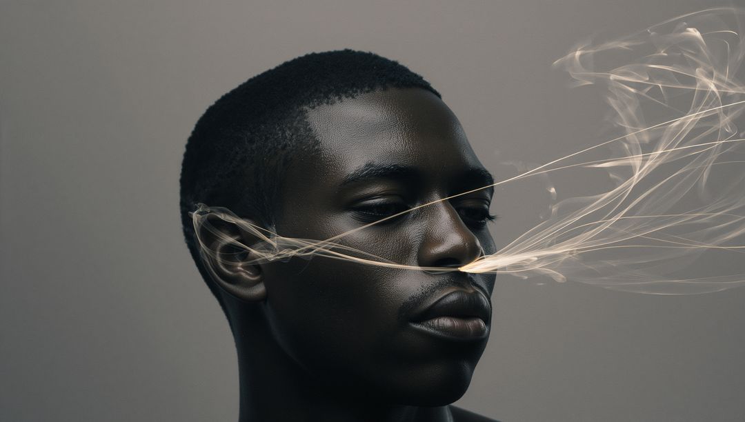 Stoic male portrait with ethereal smoke ribbons flowing across face, minimalist editorial