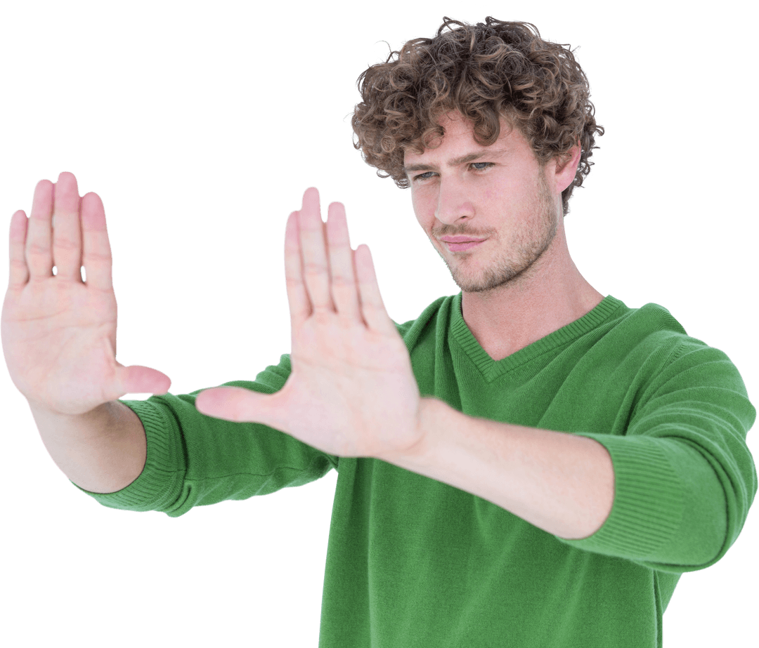 Curly Haired Man Framing Space with Hands on Transparent Background
