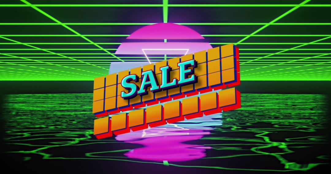 Retro Futuristic Sale Scene with Neon Grid and Water Reflection