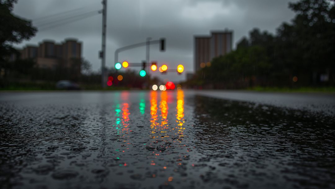 Neon Traffic Light Reflections on Wet Asphalt at Rainy Urban Intersection, Low-Angle Bokeh